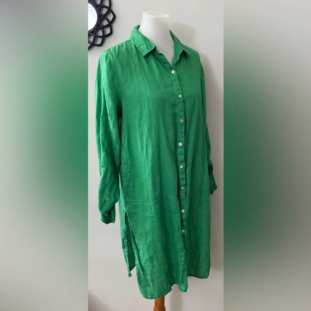 Tahari Linen Shirt Dress Green Chic Boho Coastal Vacation Festival Preppy - Picture 4 of 6